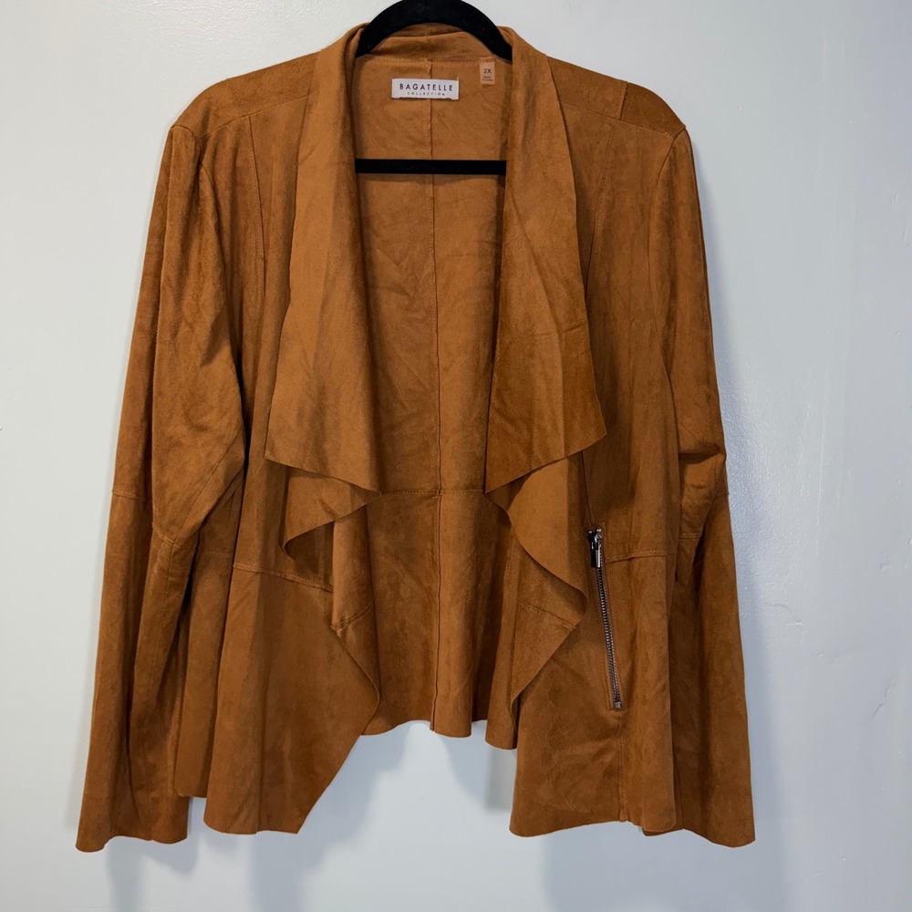 Bagatelle Collection Brown Faux Suede Drape Front Lightweight Jacket 2X 66700
